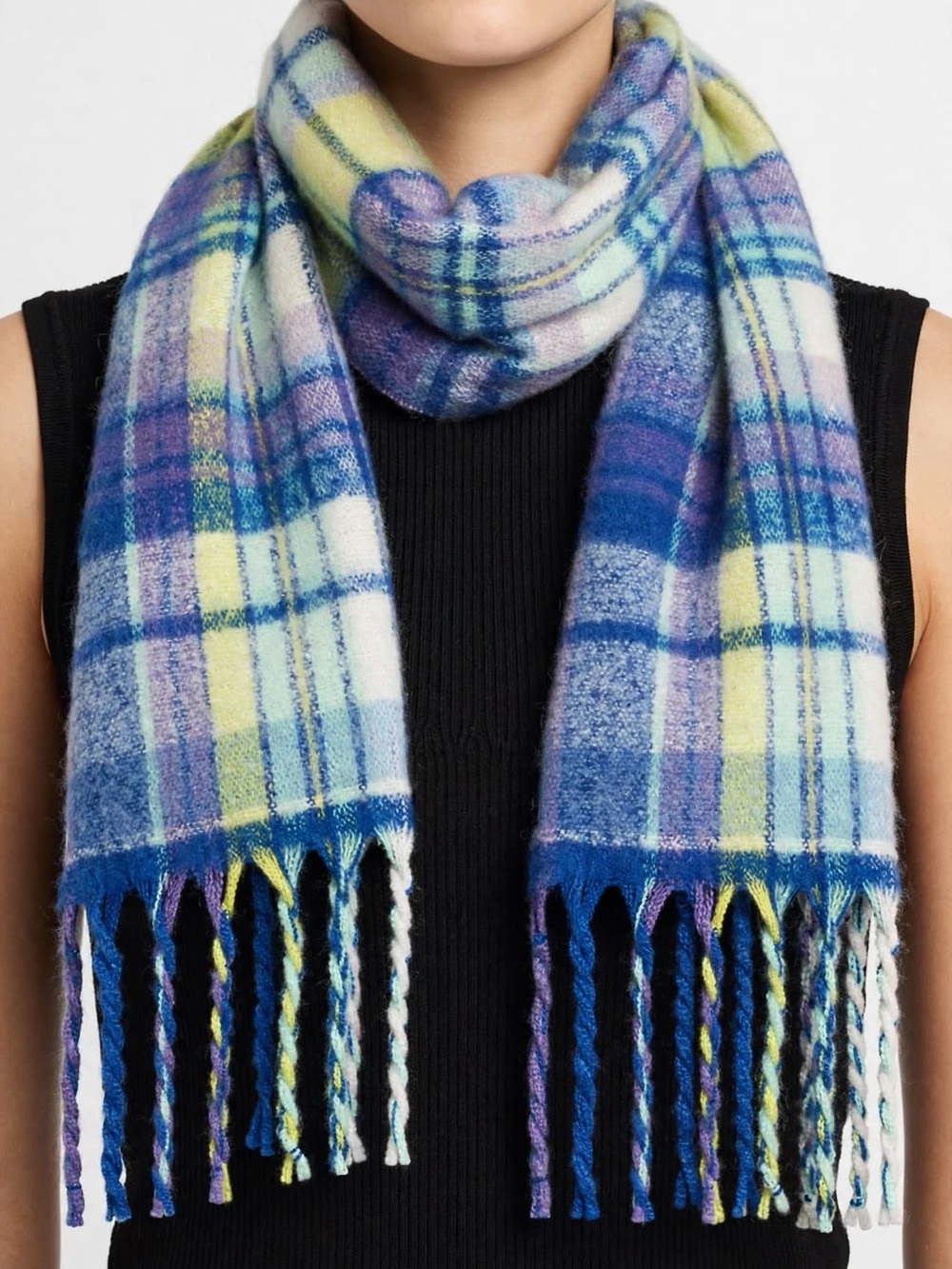 Steve Madden Blue Multi Plaid Fringe Scarf NWT